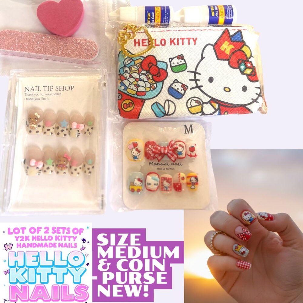 Y2K HANDMADE HELLO KITTY NAIL BUNDLE OF 2 SETS‎ + POUCH SZ. MEDIUM NEW